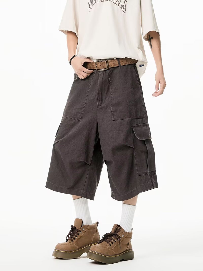 American Style Retro Large Pocket Pleated Logging Tooling Jeans Trendy Brand All-Match Loose Wide-Leg Casual Shorts For Men And Women - Image 3